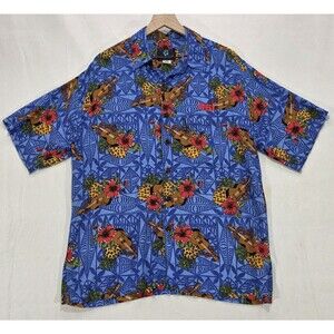 VTG Mango Moon Hawaiian Shirt Mens M Tropical Floral Ukulele Blue Rayon Resort